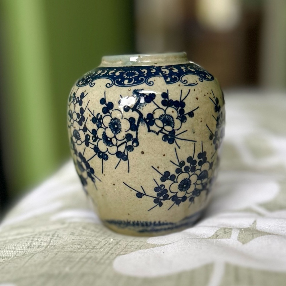 Vintage Navy Floral Pottery Oriental Mini Indoor Planter Vase Home Decor Accent - Picture 8 of 10